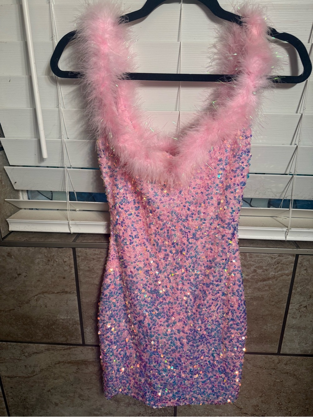 B Darlin Pink Sequin Mini Dress with Feather Trim